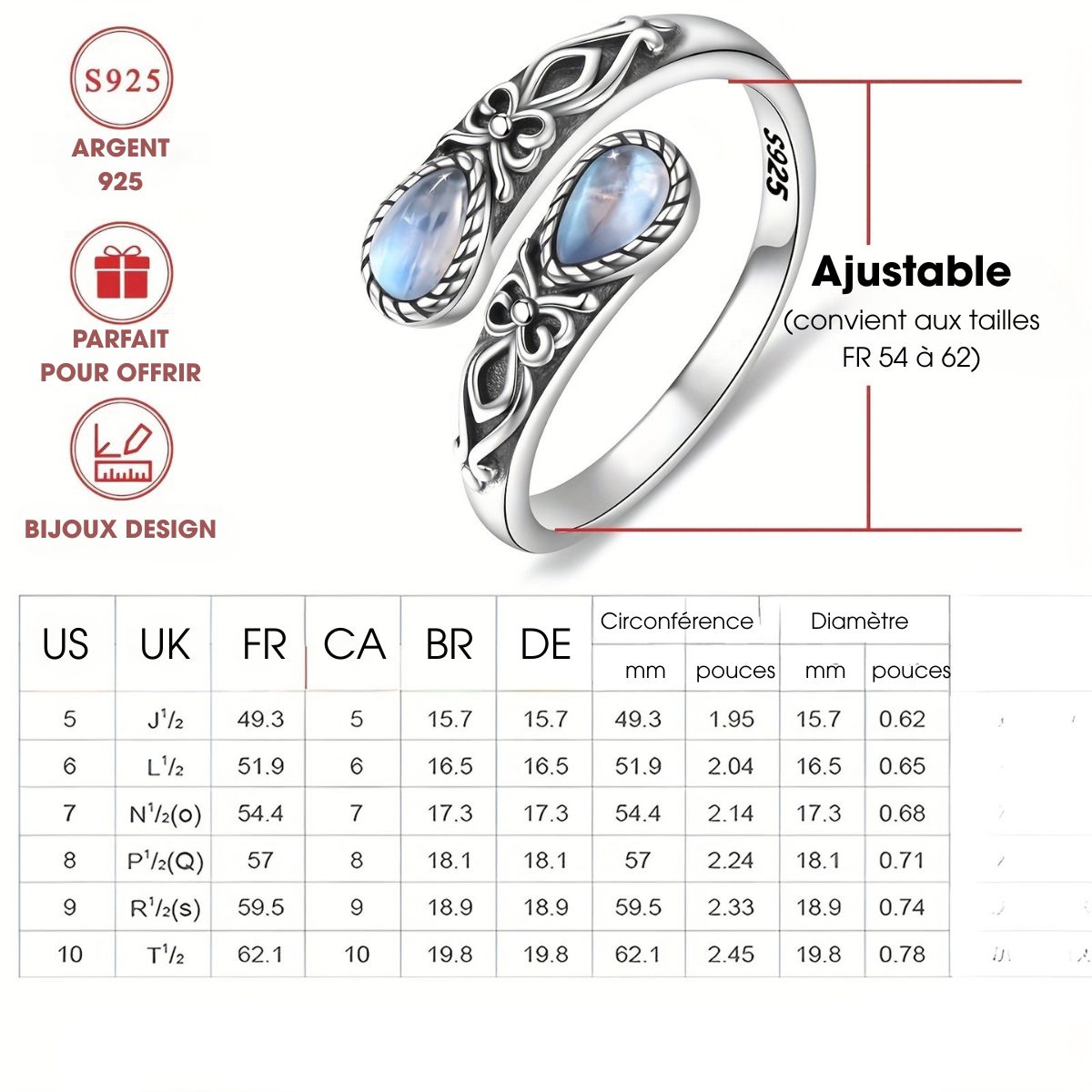 Marie-Lys™ | Bague Réglable en Argent en Pierre de Lune
