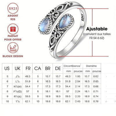Marie-Lys™ | Bague Réglable en Argent en Pierre de Lune