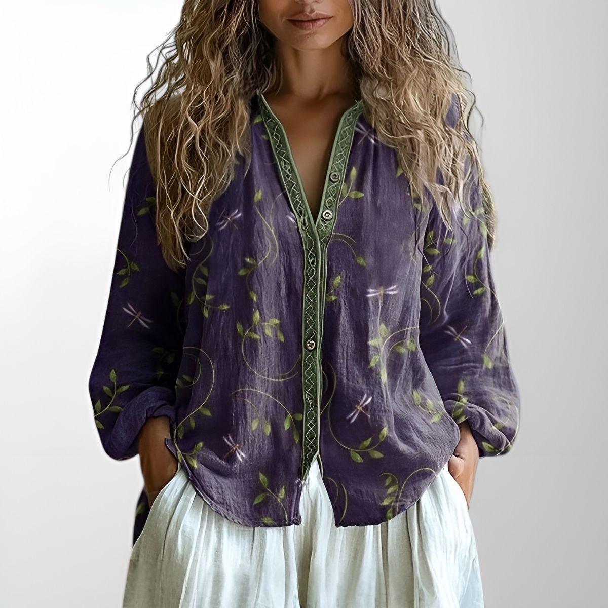 Ophéline™ | Blouse Vintage à Imprimé Feuilles