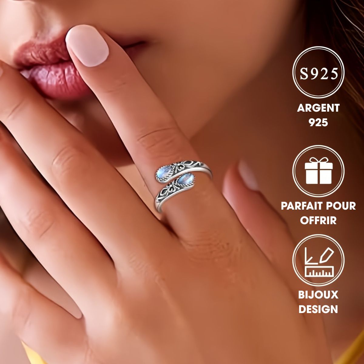 Marie-Lys™ | Bague Réglable en Argent en Pierre de Lune